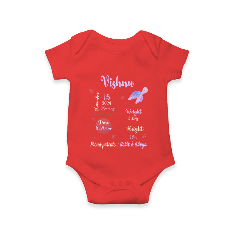 "A Star Is Born - Customized Romper With Baby Name, Weight, Parents Name And Birth Details" - RED - 0 - 3 Months Old (Chest 16")