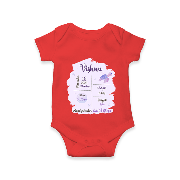 Birthday Stats Baby Romper | Personalized Romper with Baby's Special Info - RED - New Born (Chest 14")