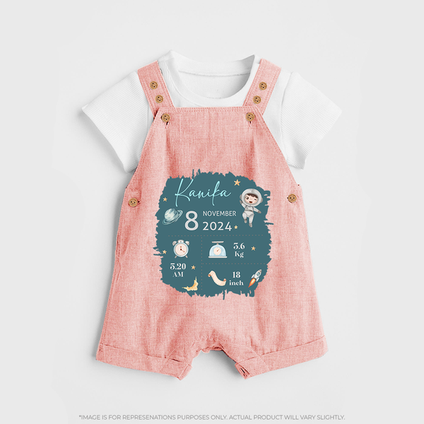 Custom Birth Stats Dungaree Set | Personalized Dungaree Set for Baby's Birthday - PEACH - 0 - 5 Months Old (Chest 18")