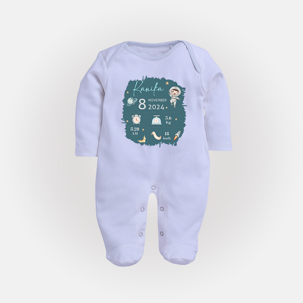 Custom Birth Stats Sleep Suit/Full sleeve body suit | Personalized Sleep Suit/Full sleeve body suit for Baby's Birthday - BABY BLUE - New Born (Chest 7.5")