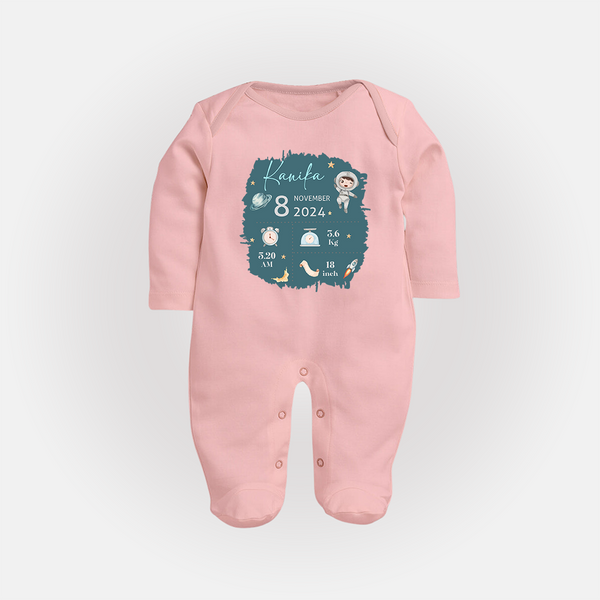 Custom Birth Stats Sleep Suit/Full sleeve body suit | Personalized Sleep Suit/Full sleeve body suit for Baby's Birthday - BABY PINK - New Born (Chest 7.5")