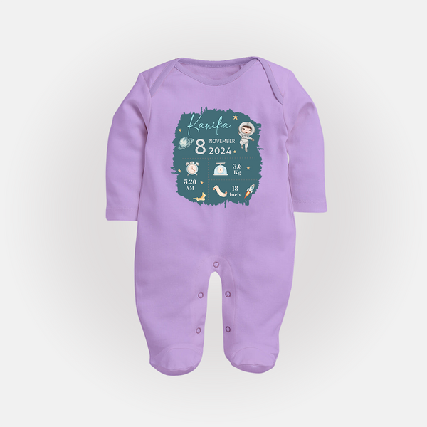 Custom Birth Stats Sleep Suit/Full sleeve body suit | Personalized Sleep Suit/Full sleeve body suit for Baby's Birthday - LILAC - New Born (Chest 7.5")