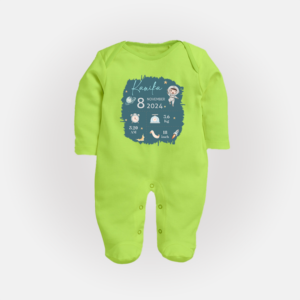 Custom Birth Stats Sleep Suit/Full sleeve body suit | Personalized Sleep Suit/Full sleeve body suit for Baby's Birthday - LIME GREEN - New Born (Chest 7.5")