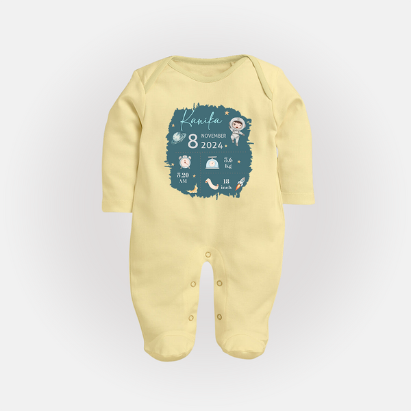 Custom Birth Stats Sleep Suit/Full sleeve body suit | Personalized Sleep Suit/Full sleeve body suit for Baby's Birthday - PASTEL YELLOW - New Born (Chest 7.5")
