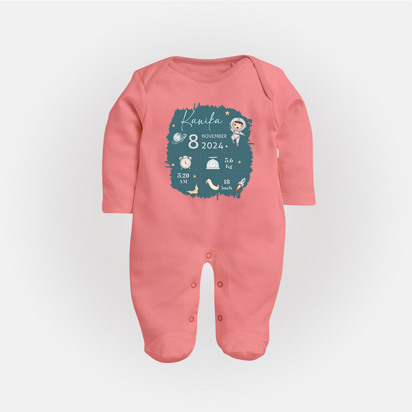 Custom Birth Stats Sleep Suit/Full sleeve body suit | Personalized Sleep Suit/Full sleeve body suit for Baby's Birthday - PEACH - New Born (Chest 7.5")