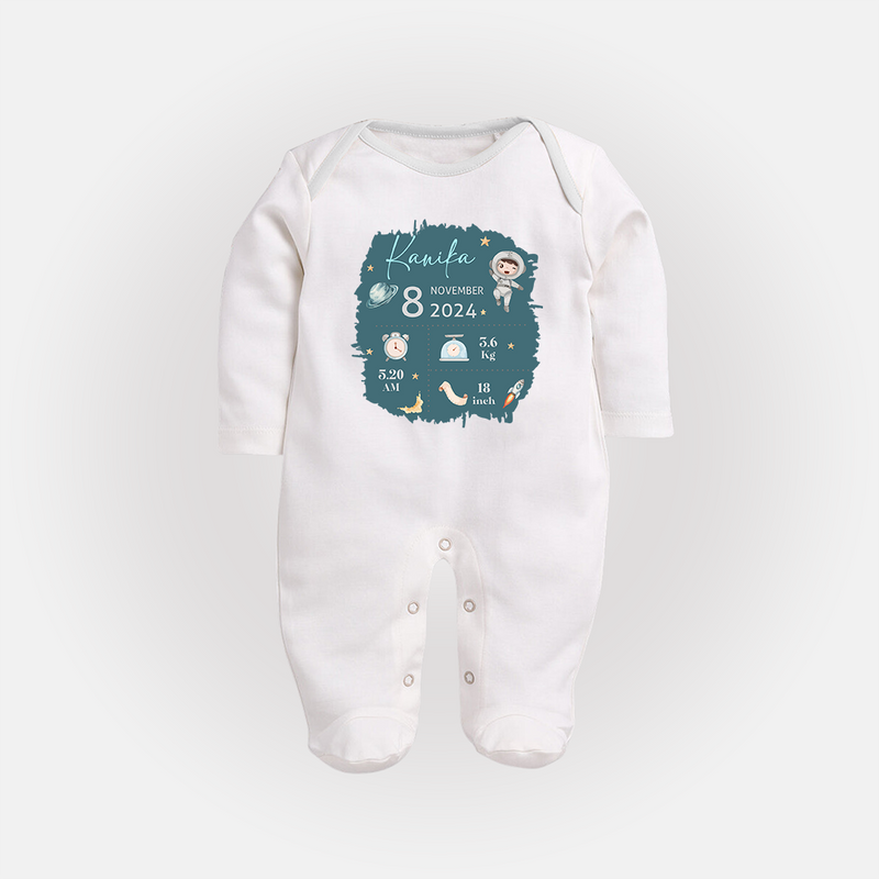 Custom Birth Stats Sleep Suit/Full sleeve body suit | Personalized Sleep Suit/Full sleeve body suit for Baby's Birthday - WHITE - New Born (Chest 7.5")