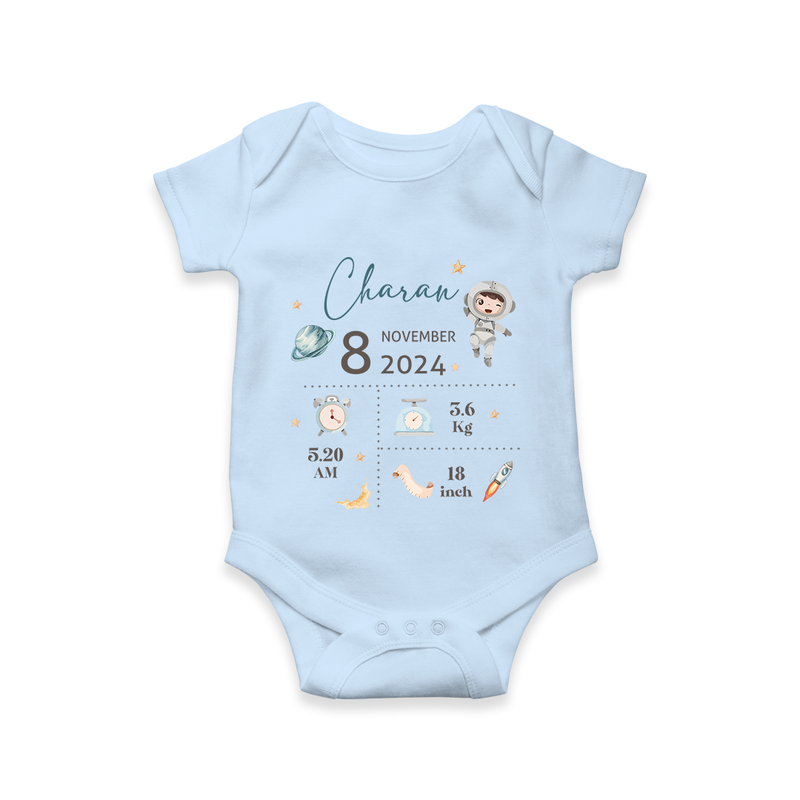 "First Steps Of Life - Customized Romper With Baby Name, Weight, And Birth Details" - BABY BLUE - 0 - 3 Months Old (Chest 16")