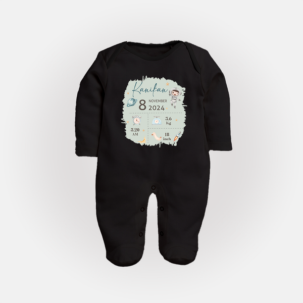 Custom Birth Stats Sleep Suit/Full sleeve body suit | Personalized Sleep Suit/Full sleeve body suit for Baby's Birthday - BLACK - New Born (Chest 7.5")