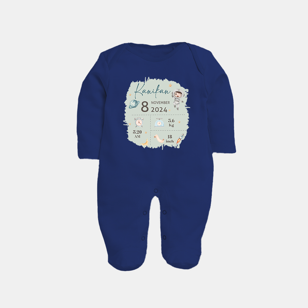 Custom Birth Stats Sleep Suit/Full sleeve body suit | Personalized Sleep Suit/Full sleeve body suit for Baby's Birthday - NAVY BLUE - New Born (Chest 7.5")