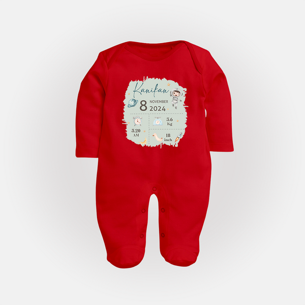 Custom Birth Stats Sleep Suit/Full sleeve body suit | Personalized Sleep Suit/Full sleeve body suit for Baby's Birthday - RED - New Born (Chest 7.5")
