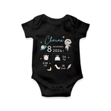 "First Steps Of Life - Customized Romper With Baby Name, Weight, And Birth Details" - BLACK - 0 - 3 Months Old (Chest 16")