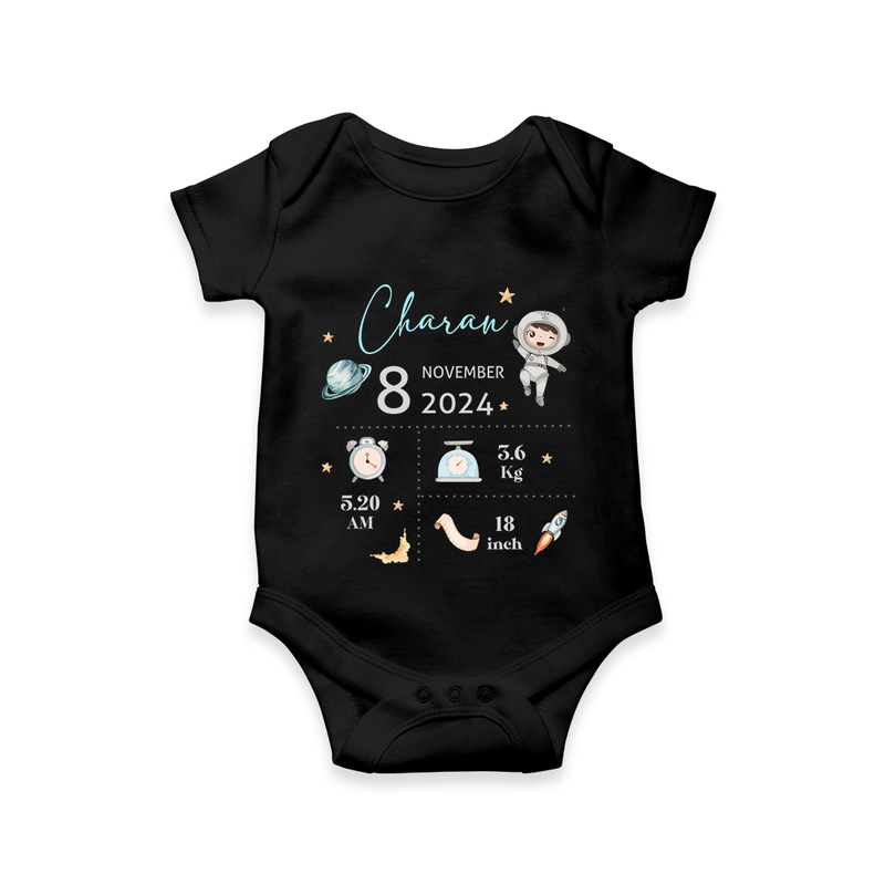 "First Steps Of Life - Customized Romper With Baby Name, Weight, And Birth Details" - BLACK - 0 - 3 Months Old (Chest 16")