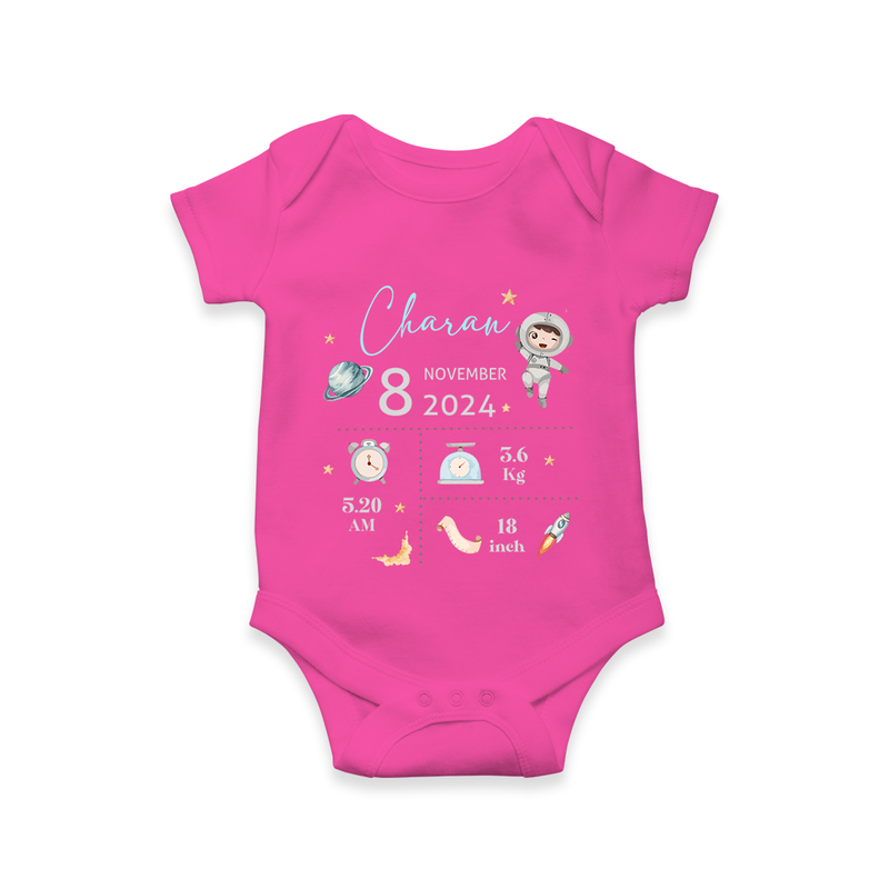 "First Steps Of Life - Customized Romper With Baby Name, Weight, And Birth Details" - HOT PINK - 0 - 3 Months Old (Chest 16")