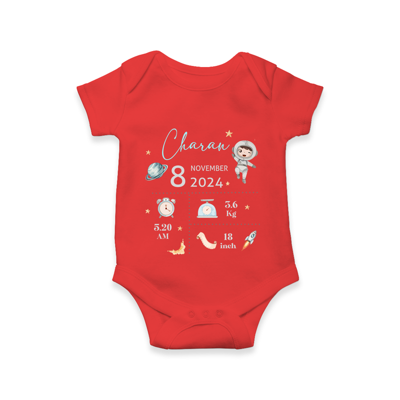 "First Steps Of Life - Customized Romper With Baby Name, Weight, And Birth Details" - RED - 0 - 3 Months Old (Chest 16")