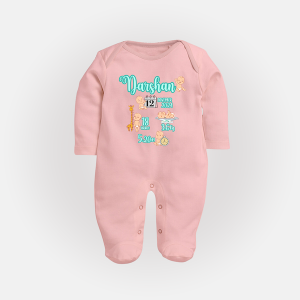 Baby Birthday Stat Keepsake Sleep Suit/Full sleeve body suit | Personalized Baby Sleep Suit/Full sleeve body suit with Birth Info - BABY PINK - New Born (Chest 7.5")