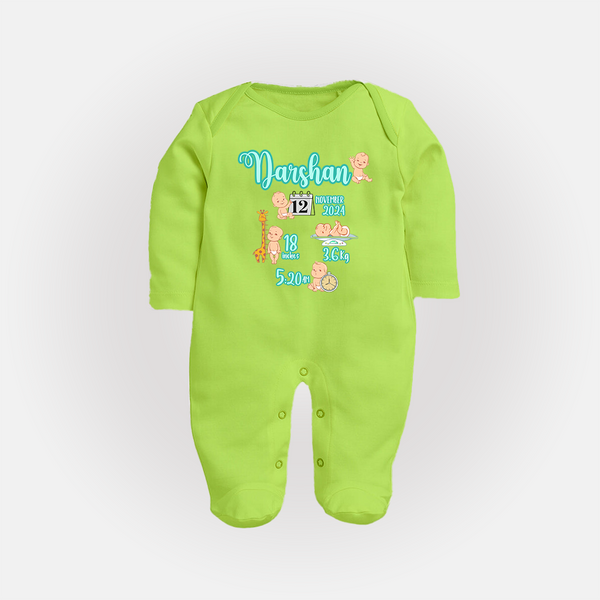 Baby Birthday Stat Keepsake Sleep Suit/Full sleeve body suit | Personalized Baby Sleep Suit/Full sleeve body suit with Birth Info - LIME GREEN - New Born (Chest 7.5")