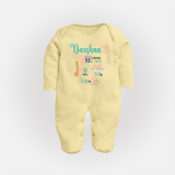 Custom Baby Sleep Suit/ Full Sleeve Bodysuit with Name & Birth Details | Perfect Newborn Gift - PASTEL YELLOW - New Born (Chest 7.5")