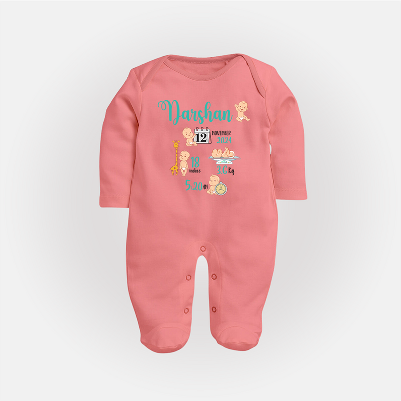 Custom Baby Sleep Suit/ Full Sleeve Bodysuit with Name & Birth Details | Perfect Newborn Gift - PEACH - New Born (Chest 7.5")