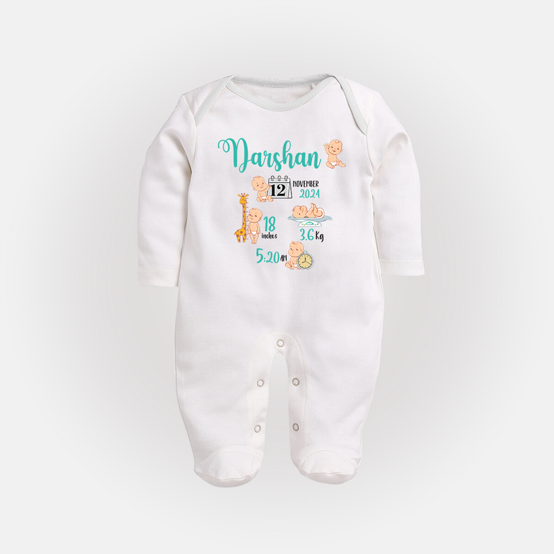 Custom Baby Sleep Suit/ Full Sleeve Bodysuit with Name & Birth Details | Perfect Newborn Gift - WHITE - New Born (Chest 7.5")