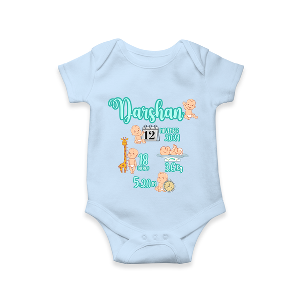 Baby Birthday Stat Keepsake Romper | Personalized Baby Romper with Birth Info - BABY BLUE - New Born (Chest 14")