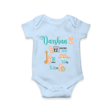 "Born To Be Loved - Customized Romper With Baby Name, Weight, And Birth Details" - BABY BLUE - 0 - 3 Months Old (Chest 16")