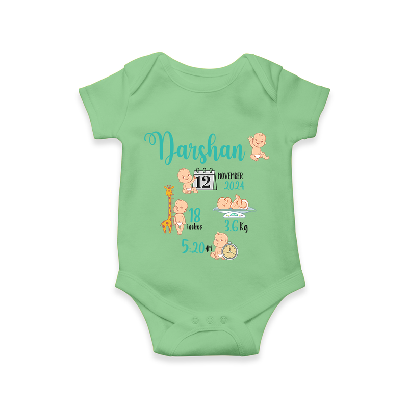 "Born To Be Loved - Customized Romper With Baby Name, Weight, And Birth Details" - GREEN - 0 - 3 Months Old (Chest 16")