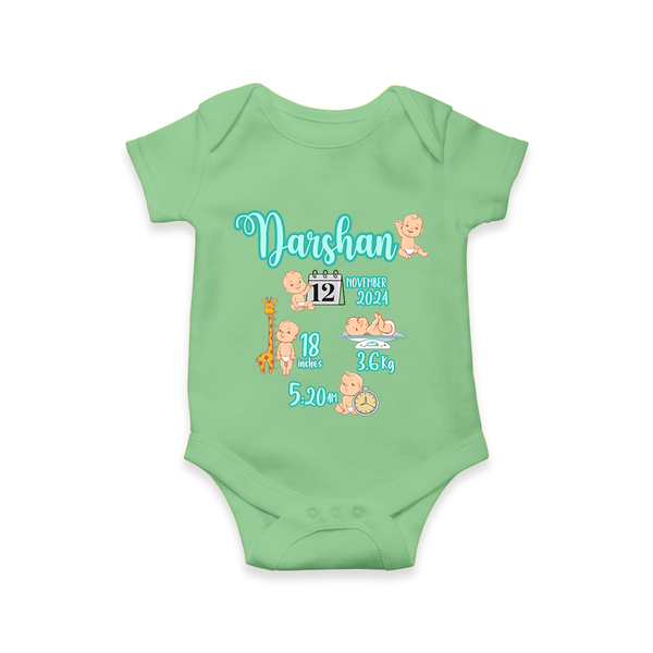 Baby Birthday Stat Keepsake Romper | Personalized Baby Romper with Birth Info - GREEN - New Born (Chest 14")