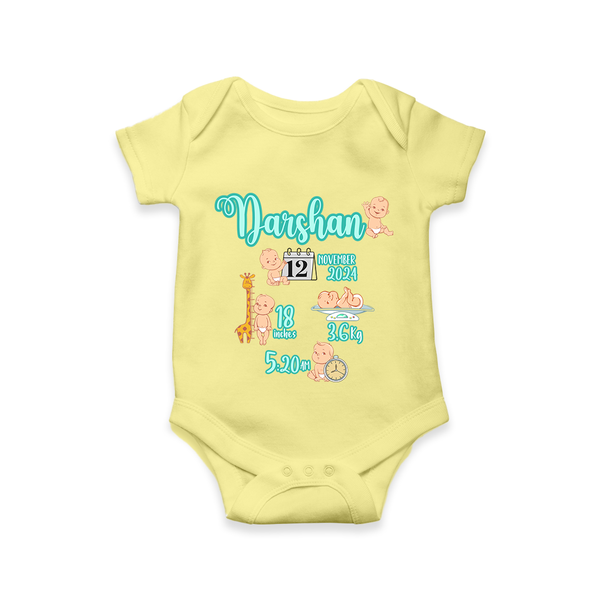 Baby Birthday Stat Keepsake Romper | Personalized Baby Romper with Birth Info - PASTEL YELLOW - New Born (Chest 14")