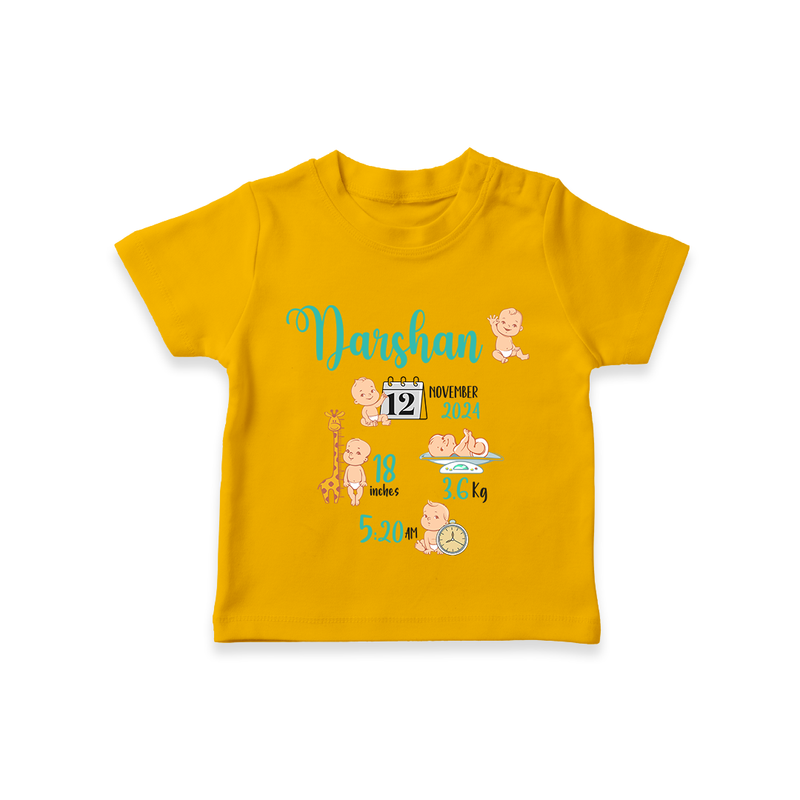 "Born To Be Loved - Customized T-shirt With Baby Name, Weight, And Birth Details" - CHROME YELLOW - 0-5 Months Old (Chest 17")