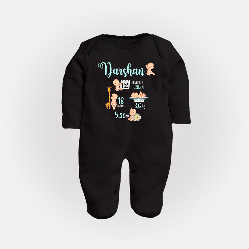 Custom Baby Sleep Suit/ Full Sleeve Bodysuit with Name & Birth Details | Perfect Newborn Gift - BLACK - New Born (Chest 7.5")