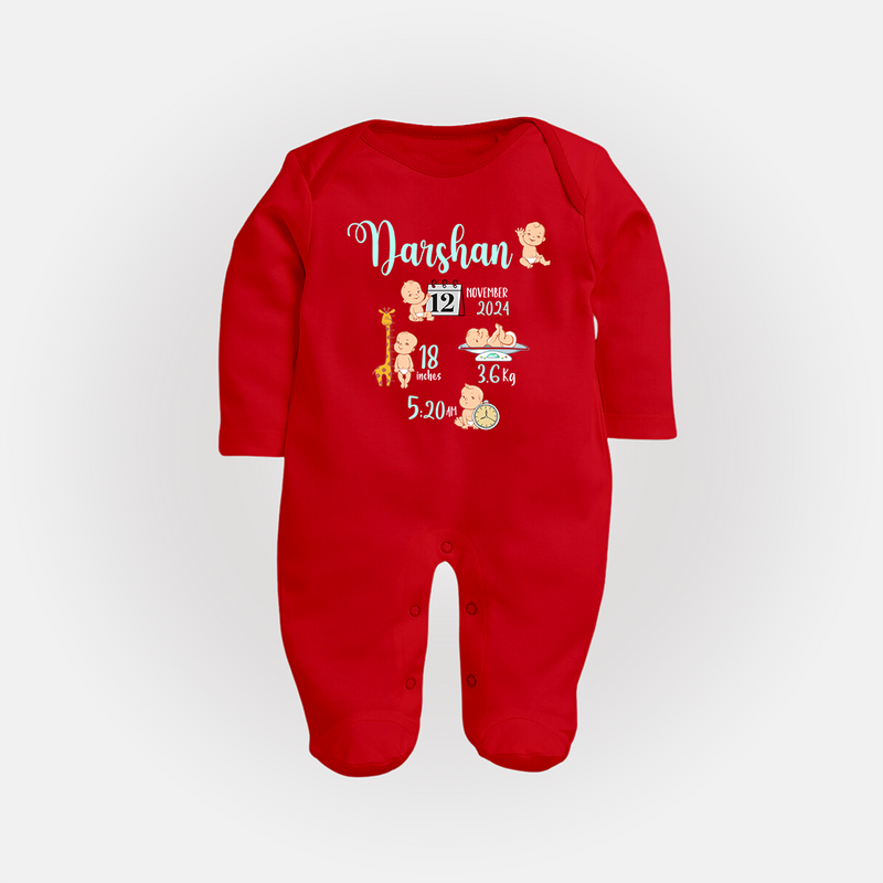 Custom Baby Sleep Suit/ Full Sleeve Bodysuit with Name & Birth Details | Perfect Newborn Gift - RED - New Born (Chest 7.5")