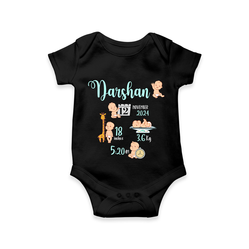 "Born To Be Loved - Customized Romper With Baby Name, Weight, And Birth Details" - BLACK - 0 - 3 Months Old (Chest 16")