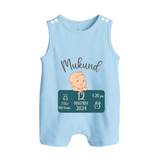 First Birthday Stats Romper Suit/Sleeveless Romper | Custom Romper Suit/Sleeveless Romper with Baby's Birth Date and Time - BABY BLUE - 0 - 5 Months Old (Chest 18")