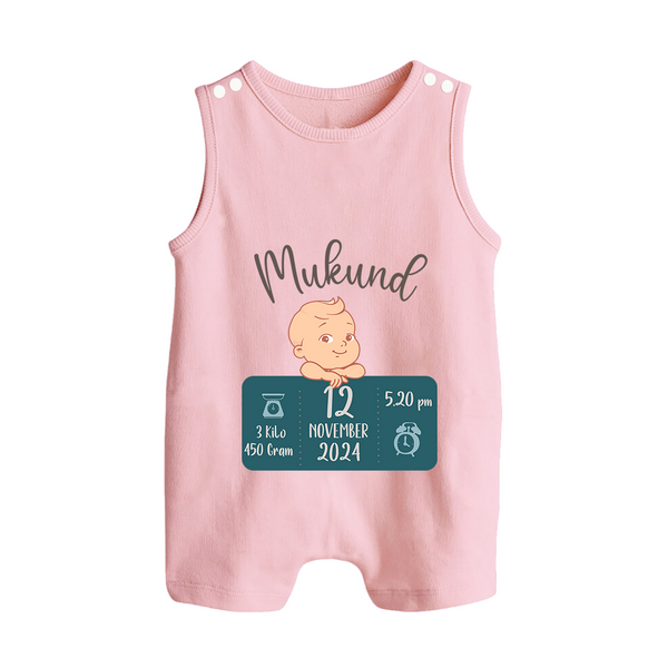 First Birthday Stats Romper Suit/Sleeveless Romper | Custom Romper Suit/Sleeveless Romper with Baby's Birth Date and Time - BABY PINK - 0 - 5 Months Old (Chest 18")