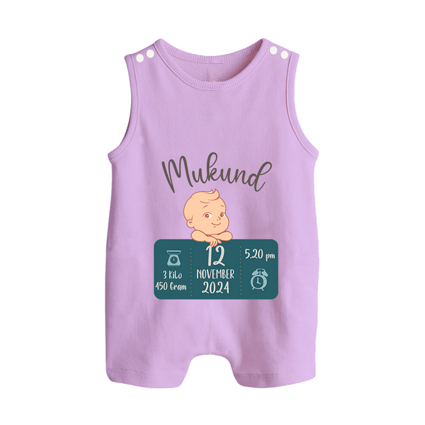 First Birthday Stats Romper Suit/Sleeveless Romper | Custom Romper Suit/Sleeveless Romper with Baby's Birth Date and Time - LILAC - 0 - 5 Months Old (Chest 18")