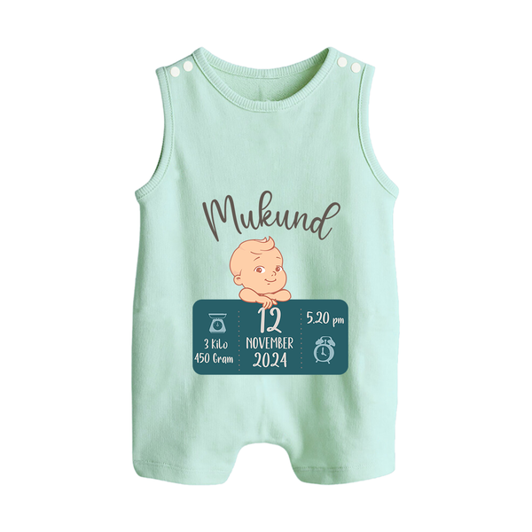 First Birthday Stats Romper Suit/Sleeveless Romper | Custom Romper Suit/Sleeveless Romper with Baby's Birth Date and Time - MINT GREEN - 0 - 5 Months Old (Chest 18")