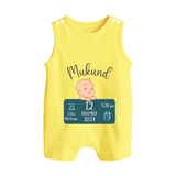 First Birthday Stats Romper Suit/Sleeveless Romper | Custom Romper Suit/Sleeveless Romper with Baby's Birth Date and Time - PASTEL YELLOW - 0 - 5 Months Old (Chest 18")