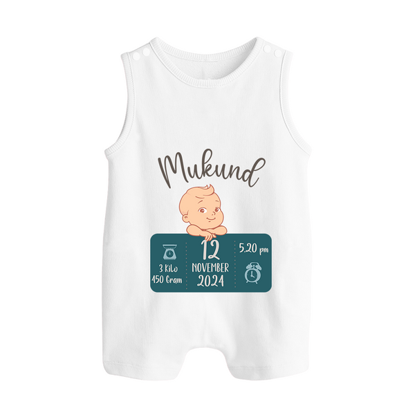 First Birthday Stats Romper Suit/Sleeveless Romper | Custom Romper Suit/Sleeveless Romper with Baby's Birth Date and Time - WHITE - 0 - 5 Months Old (Chest 18")