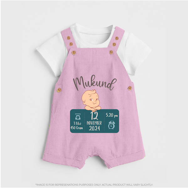 First Birthday Stats Dungaree Set | Custom Dungaree Set with Baby's Birth Date and Time - BABY PINK - 0 - 5 Months Old (Chest 18")
