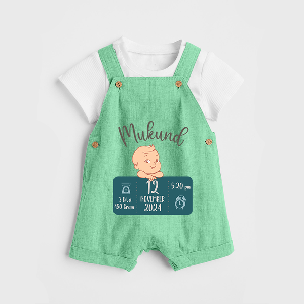 First Birthday Stats Dungaree Set | Custom Dungaree Set with Baby's Birth Date and Time - GREEN - 0 - 5 Months Old (Chest 18")