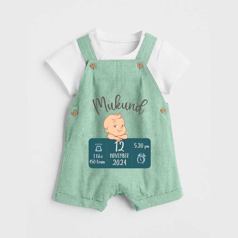 First Birthday Stats Dungaree Set | Custom Dungaree Set with Baby's Birth Date and Time - MINT GREEN - 0 - 5 Months Old (Chest 18")