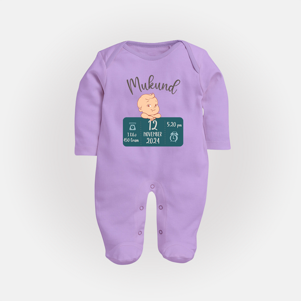 First Birthday Stats Sleep Suit/Full sleeve body suit | Custom Sleep Suit/Full sleeve body suit with Baby's Birth Date and Time - LILAC - New Born (Chest 7.5")