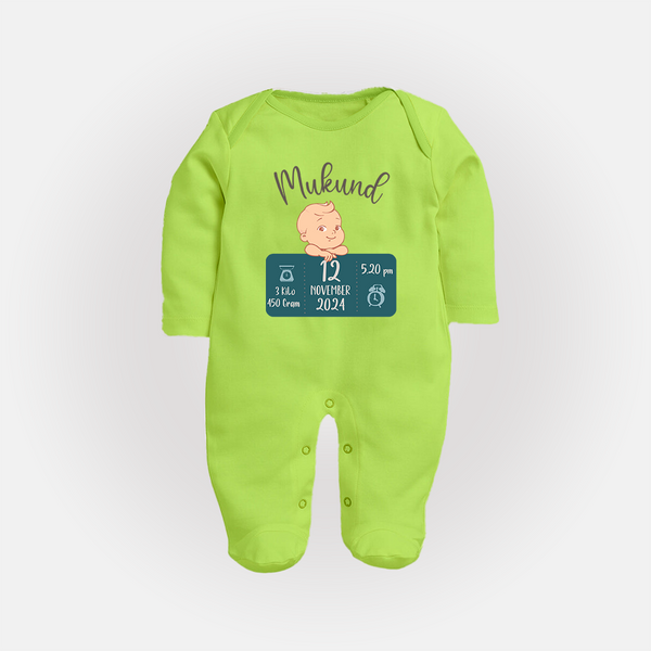 First Birthday Stats Sleep Suit/Full sleeve body suit | Custom Sleep Suit/Full sleeve body suit with Baby's Birth Date and Time - LIME GREEN - New Born (Chest 7.5")