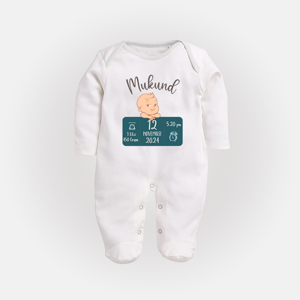 First Birthday Stats Sleep Suit/Full sleeve body suit | Custom Sleep Suit/Full sleeve body suit with Baby's Birth Date and Time - WHITE - New Born (Chest 7.5")