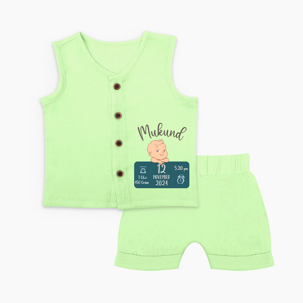 First Birthday Stats Jabla Set | Custom Jabla Set with Baby's Birth Date and Time - PASTEL GREEN - 0 - 3 Months Old (Chest 9.8")