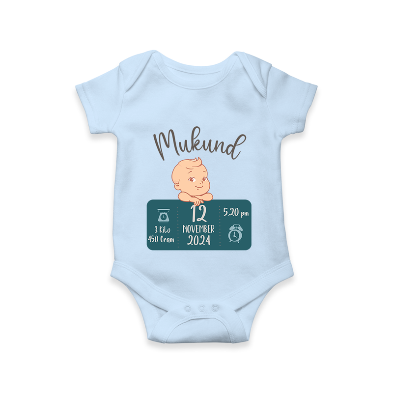 First Birthday Stats Romper | Custom Romper with Baby's Birth Date and Time - BABY BLUE - New Born (Chest 14")
