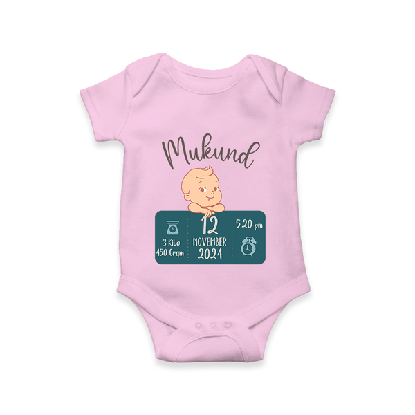 First Birthday Stats Romper | Custom Romper with Baby's Birth Date and Time - BABY PINK - New Born (Chest 14")