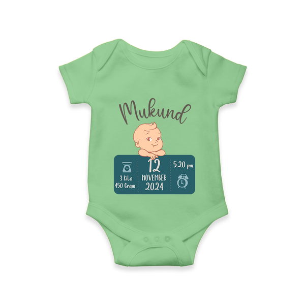 First Birthday Stats Romper | Custom Romper with Baby's Birth Date and Time - GREEN - New Born (Chest 14")
