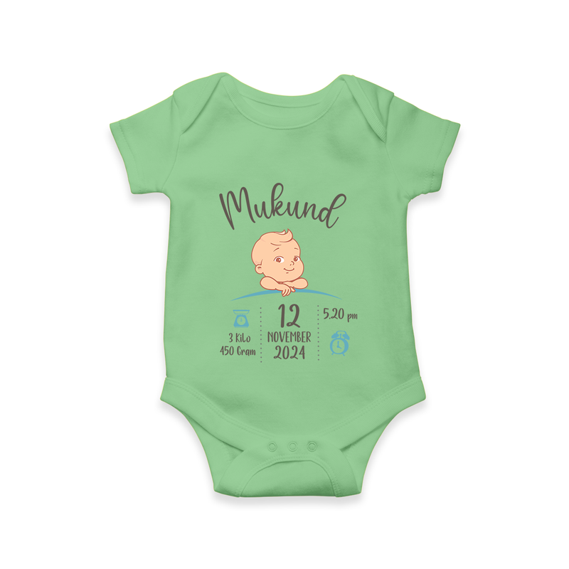 "Sweet Arrival - Customized Romper With Baby Name, Weight, And Birth Details" - GREEN - 0 - 3 Months Old (Chest 16")