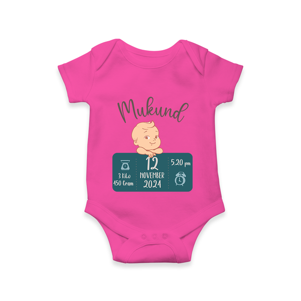 First Birthday Stats Romper | Custom Romper with Baby's Birth Date and Time - HOT PINK - New Born (Chest 14")